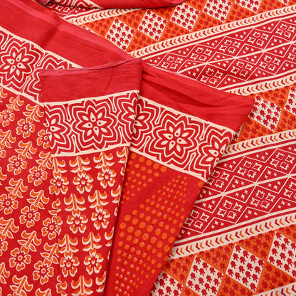 Indian Vintage Red Sarees Pure Cotton Block Printed Sari 5yd Sewing Craft Fabric DressMaking Soft Crafting Quilting Upcycle