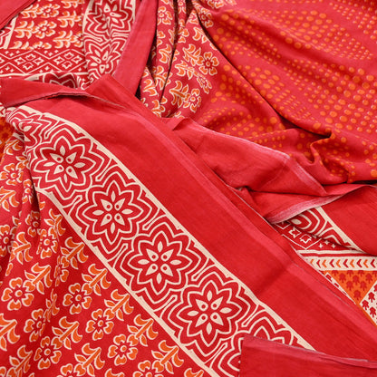 Indian Vintage Red Sarees Pure Cotton Block Printed Sari 5yd Sewing Craft Fabric DressMaking Soft Crafting Quilting Upcycle