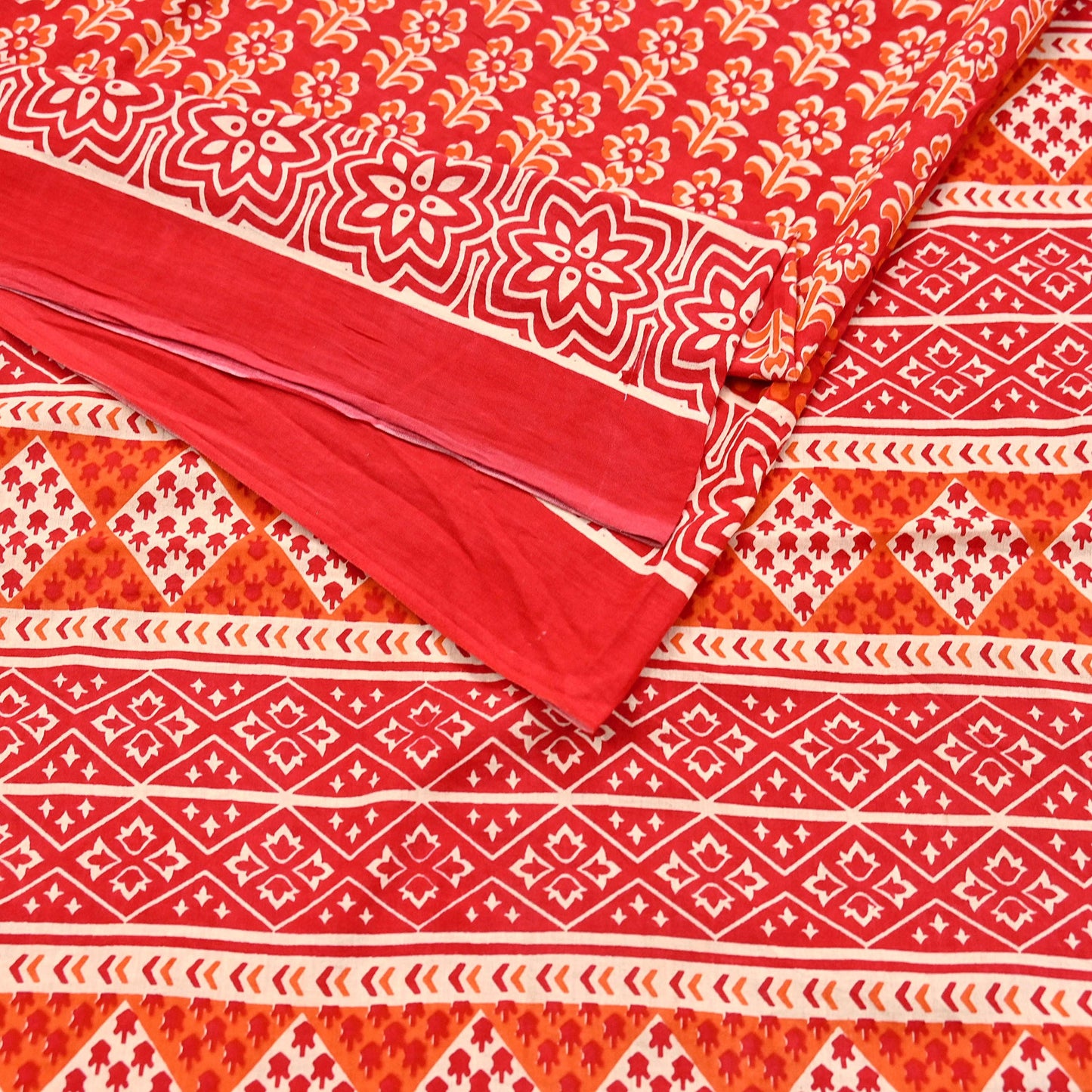 Indian Vintage Red Sarees Pure Cotton Block Printed Sari 5yd Sewing Craft Fabric DressMaking Soft Crafting Quilting Upcycle