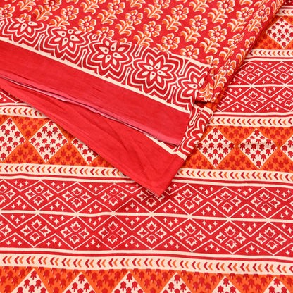 Indian Vintage Red Sarees Pure Cotton Block Printed Sari 5yd Sewing Craft Fabric DressMaking Soft Crafting Quilting Upcycle