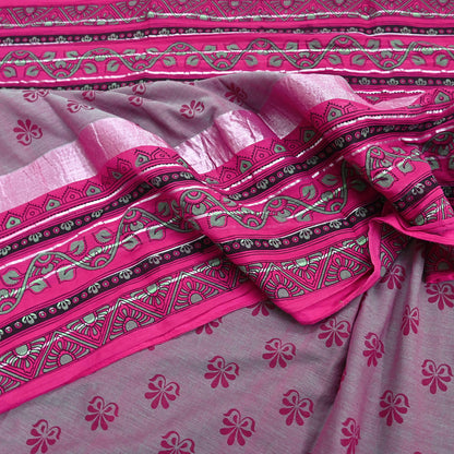 Indian Vintage Green & Pink Saree Pure Cotton Printed Woven Sari Craft Soft Fabric 5Yd Sewing Sarong Wrap Boho Abstract Design