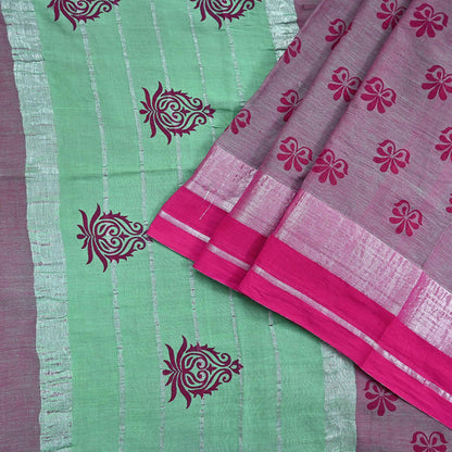 Indian Vintage Green & Pink Saree Pure Cotton Printed Woven Sari Craft Soft Fabric 5Yd Sewing Sarong Wrap Boho Abstract Design