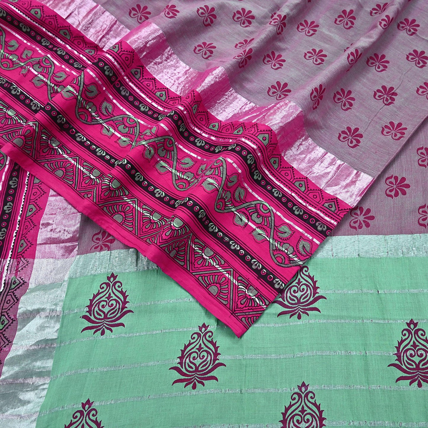 Indian Vintage Green & Pink Saree Pure Cotton Printed Woven Sari Craft Soft Fabric 5Yd Sewing Sarong Wrap Boho Abstract Design