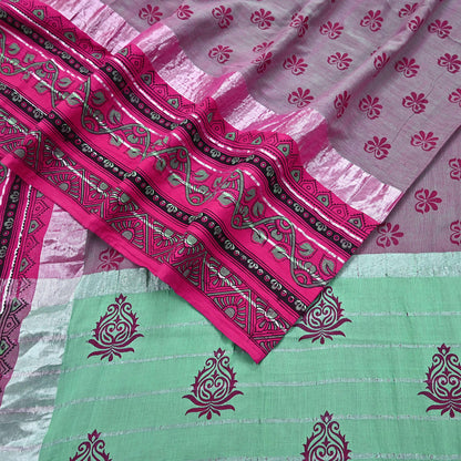 Indian Vintage Green & Pink Saree Pure Cotton Printed Woven Sari Craft Soft Fabric 5Yd Sewing Sarong Wrap Boho Abstract Design