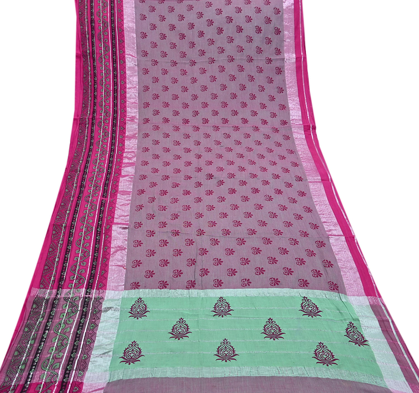 Indian Vintage Green & Pink Saree Pure Cotton Printed Woven Sari Craft Soft Fabric 5Yd Sewing Sarong Wrap Boho Abstract Design