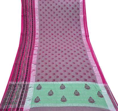 Indian Vintage Green & Pink Saree Pure Cotton Printed Woven Sari Craft Soft Fabric 5Yd Sewing Sarong Wrap Boho Abstract Design
