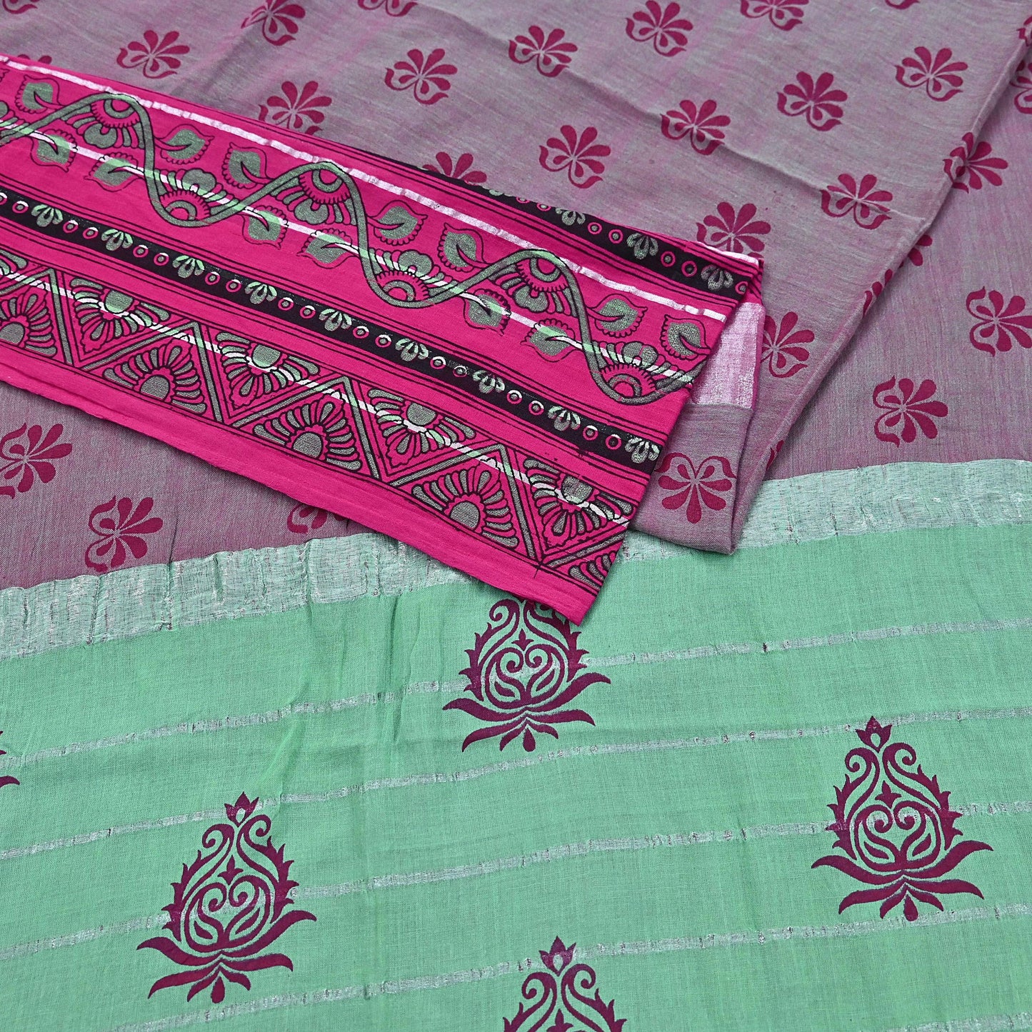 Indian Vintage Green & Pink Saree Pure Cotton Printed Woven Sari Craft Soft Fabric 5Yd Sewing Sarong Wrap Boho Abstract Design