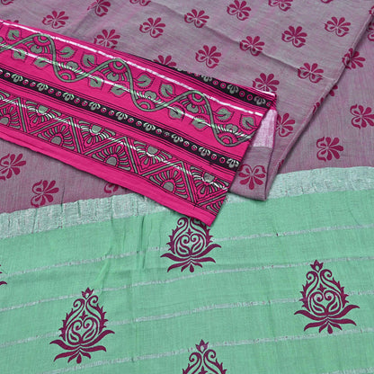 Indian Vintage Green & Pink Saree Pure Cotton Printed Woven Sari Craft Soft Fabric 5Yd Sewing Sarong Wrap Boho Abstract Design