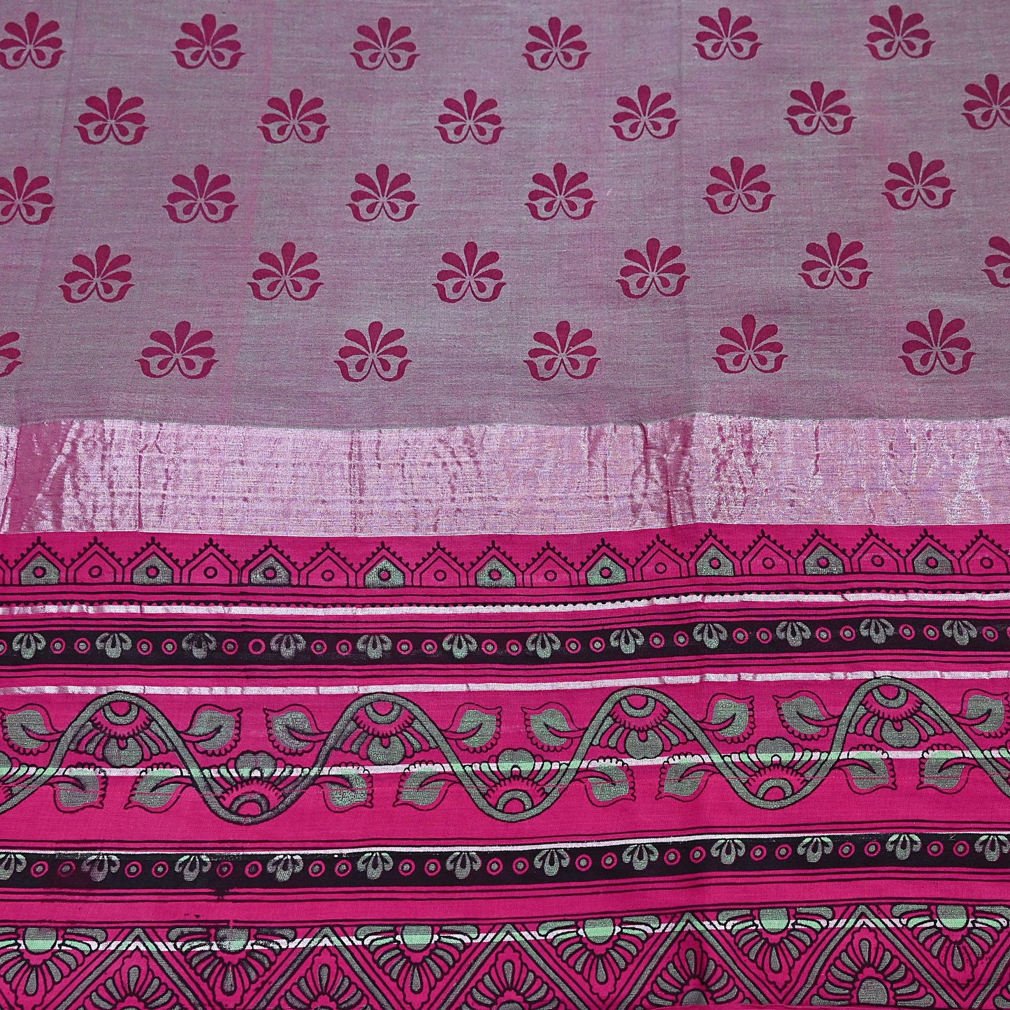 Indian Vintage Green & Pink Saree Pure Cotton Printed Woven Sari Craft Soft Fabric 5Yd Sewing Sarong Wrap Boho Abstract Design