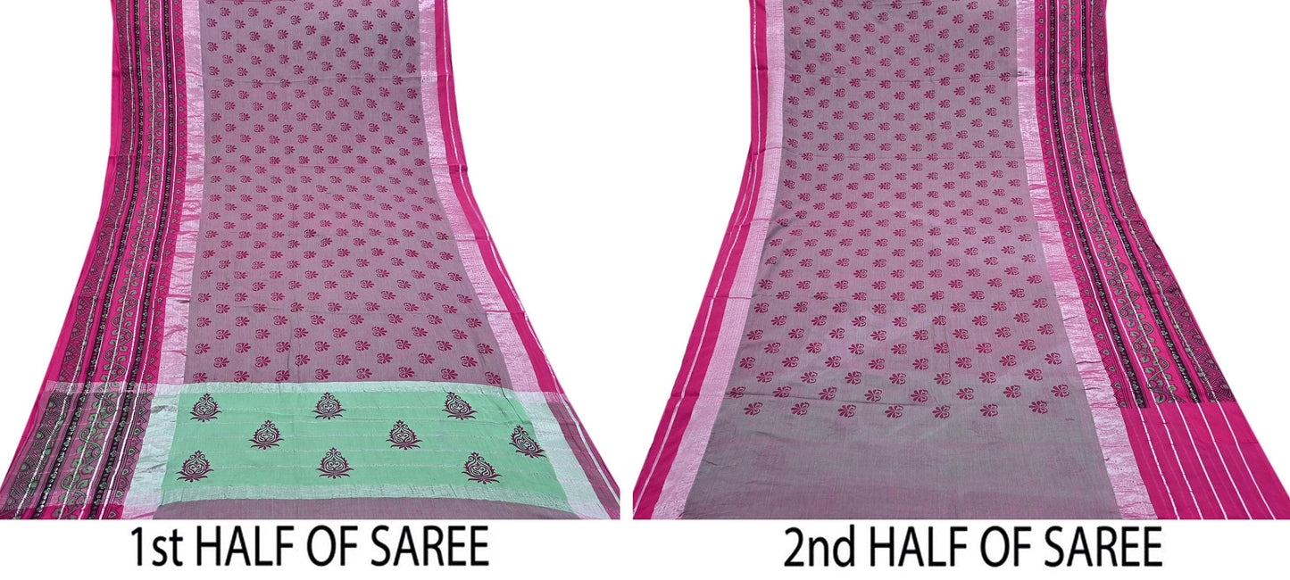 Indian Vintage Green & Pink Saree Pure Cotton Printed Woven Sari Craft Soft Fabric 5Yd Sewing Sarong Wrap Boho Abstract Design
