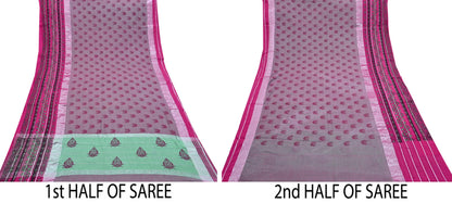 Indian Vintage Green & Pink Saree Pure Cotton Printed Woven Sari Craft Soft Fabric 5Yd Sewing Sarong Wrap Boho Abstract Design
