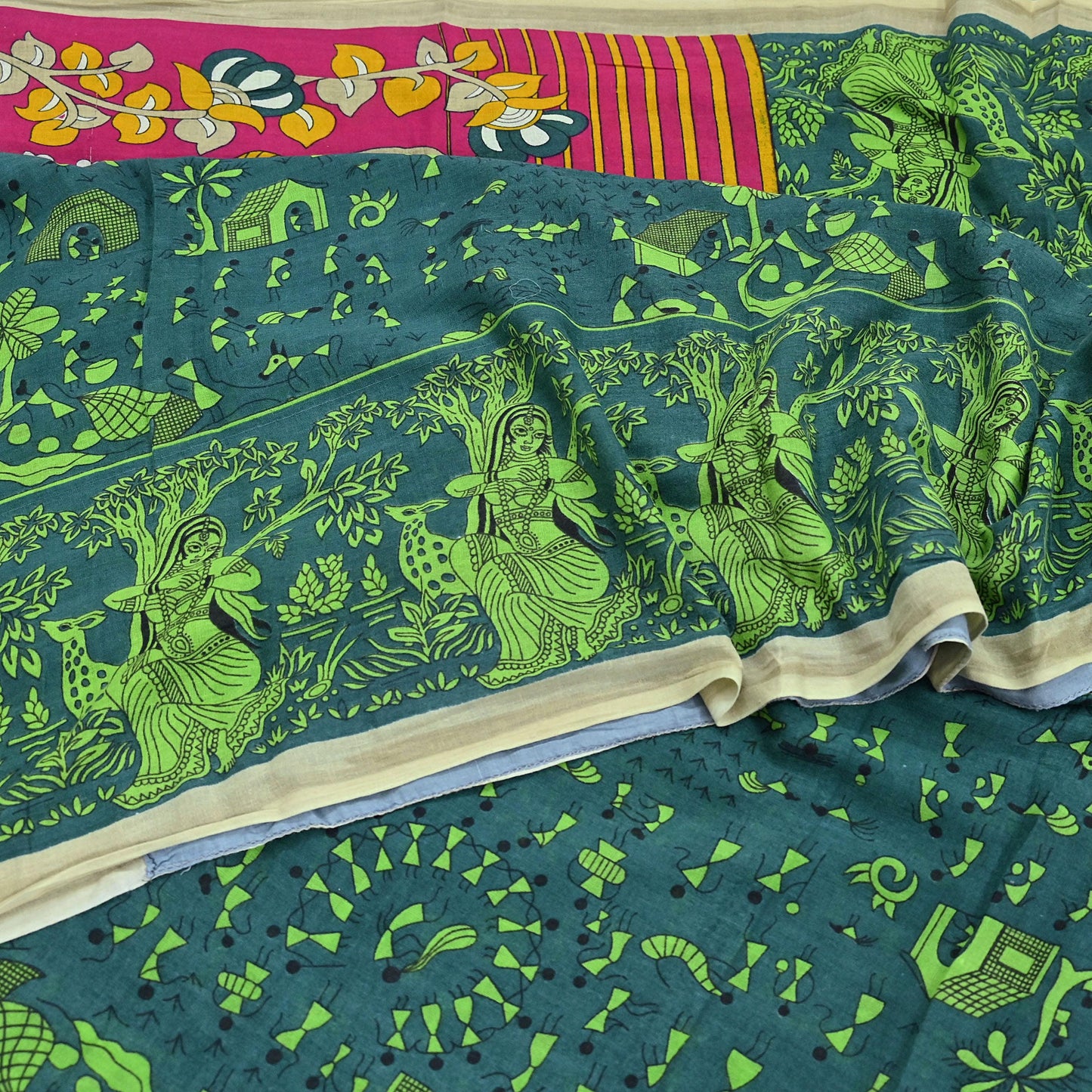 Indian Vintage Green Sari Kalamkari Printed Pure Cotton Saree Fabric Soft Floral 5Yd Sarong Wrap Fabric Fish