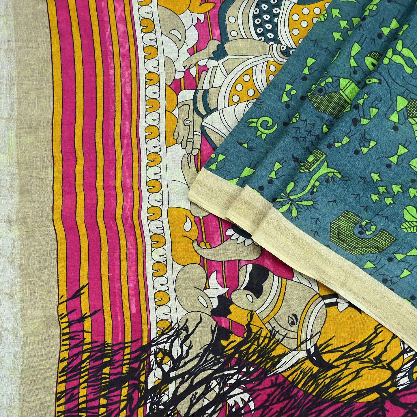 Indian Vintage Green Sari Kalamkari Printed Pure Cotton Saree Fabric Soft Floral 5Yd Sarong Wrap Fabric Fish