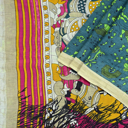 Indian Vintage Green Sari Kalamkari Printed Pure Cotton Saree Fabric Soft Floral 5Yd Sarong Wrap Fabric Fish