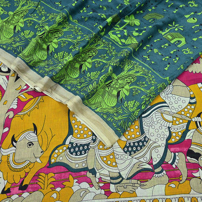 Indian Vintage Green Sari Kalamkari Printed Pure Cotton Saree Fabric Soft Floral 5Yd Sarong Wrap Fabric Fish