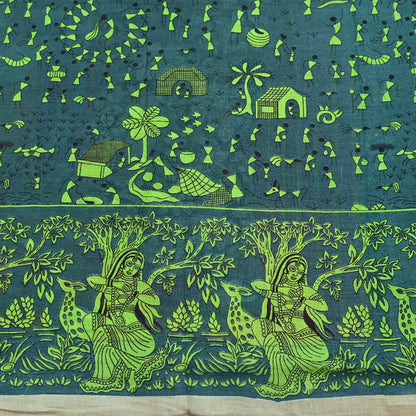 Indian Vintage Green Sari Kalamkari Printed Pure Cotton Saree Fabric Soft Floral 5Yd Sarong Wrap Fabric Fish