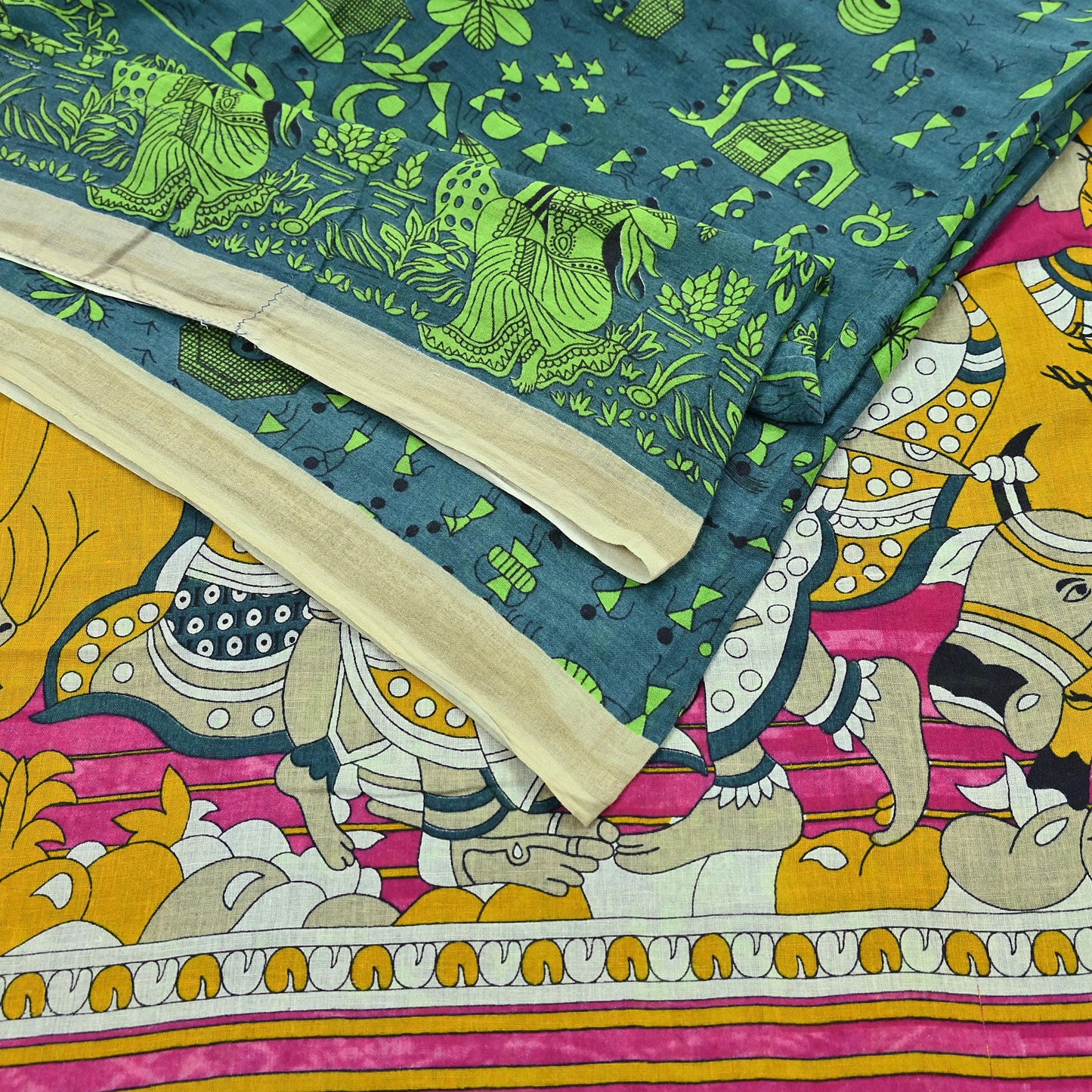 Indian Vintage Green Sari Kalamkari Printed Pure Cotton Saree Fabric Soft Floral 5Yd Sarong Wrap Fabric Fish
