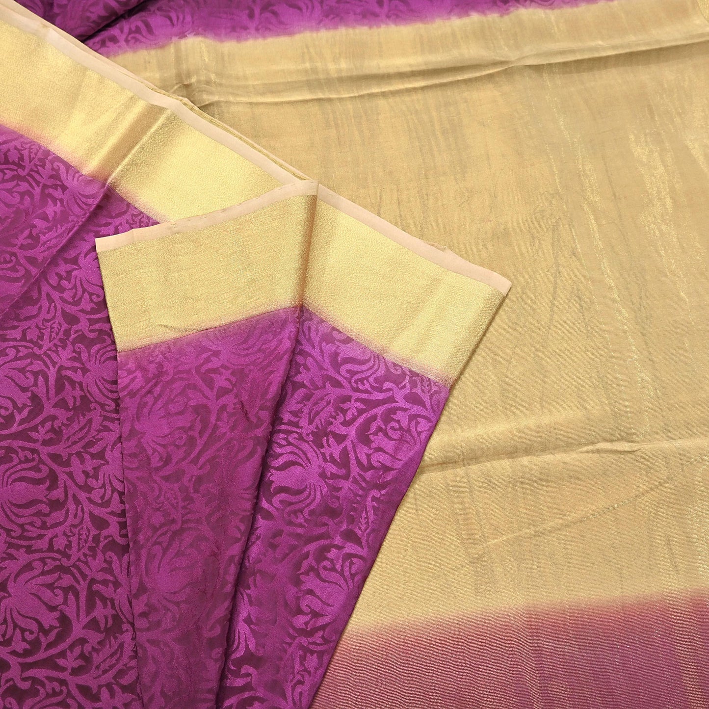 Indian Vintage Sari Purple & Beige Hand Woven Printed Sari 100% Pure Crepe Silk Sarees Craft Fabric 5yd Soft Zari Dress making Quilting Used