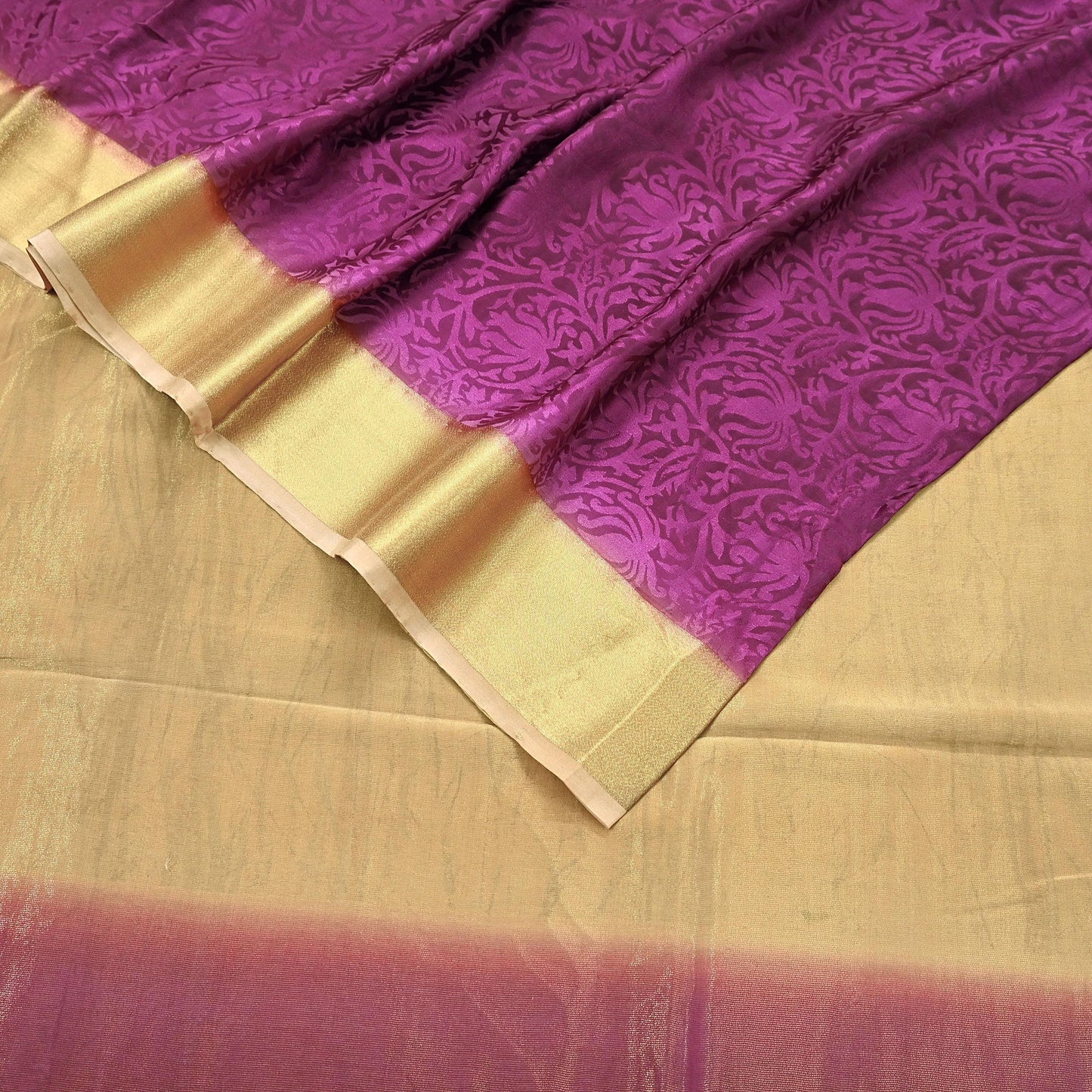 Indian Vintage Sari Purple & Beige Hand Woven Printed Sari 100% Pure Crepe Silk Sarees Craft Fabric 5yd Soft Zari Dress making Quilting Used