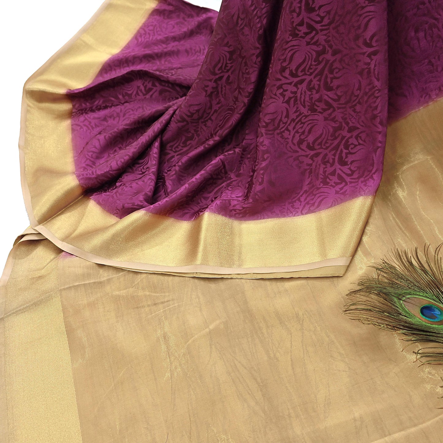 Indian Vintage Sari Purple & Beige Hand Woven Printed Sari 100% Pure Crepe Silk Sarees Craft Fabric 5yd Soft Zari Dress making Quilting Used