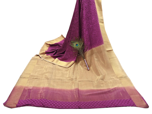 Indian Vintage Sari Purple & Beige Hand Woven Printed Sari 100% Pure Crepe Silk Sarees Craft Fabric 5yd Soft Zari Dress making Quilting Used