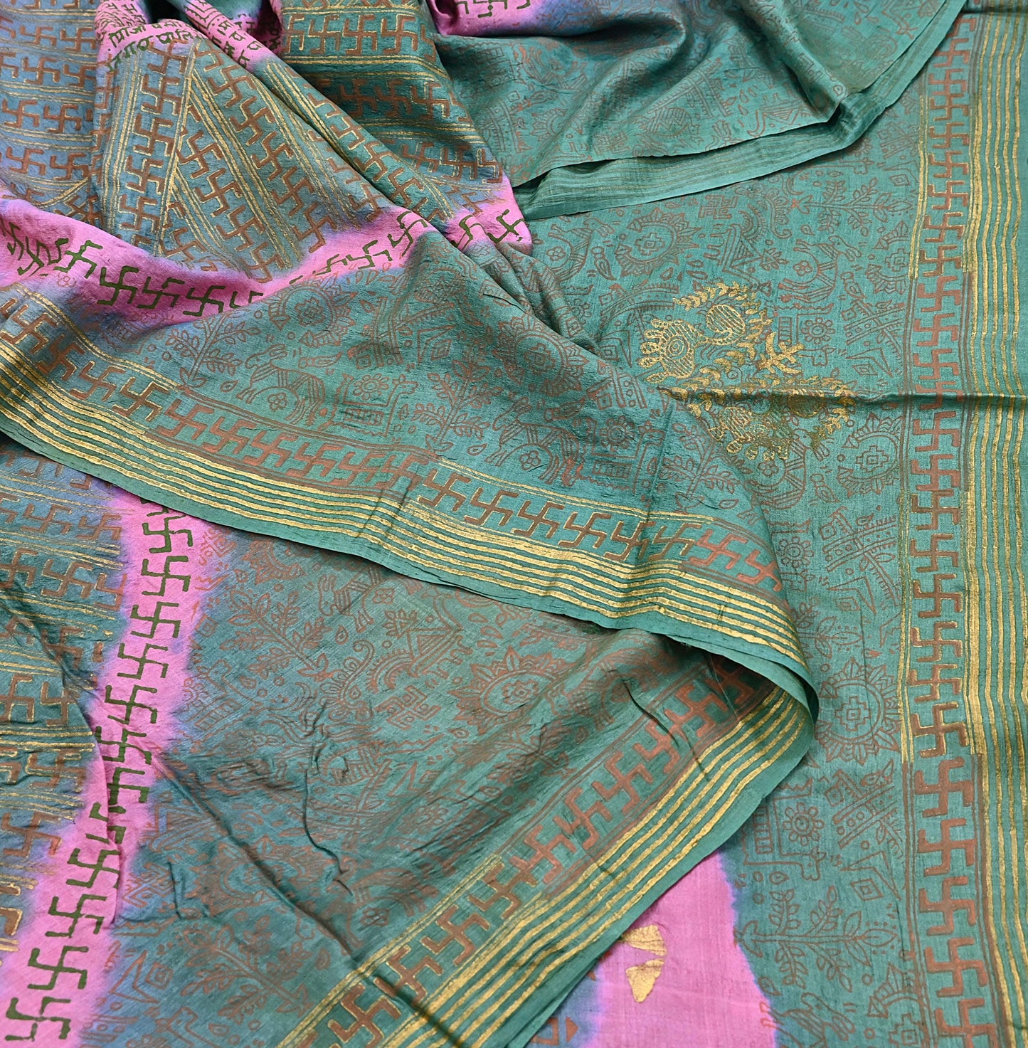 Indian Vintage Sari Pink & green Pure Tussar Silk Hand Woven/Hand Painted Sarees Craft Fabric 6Yd Sewing Ethnic Dress making For Crafting