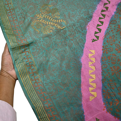 Indian Vintage Sari Pink & green Pure Tussar Silk Hand Woven/Hand Painted Sarees Craft Fabric 6Yd Sewing Ethnic Dress making For Crafting