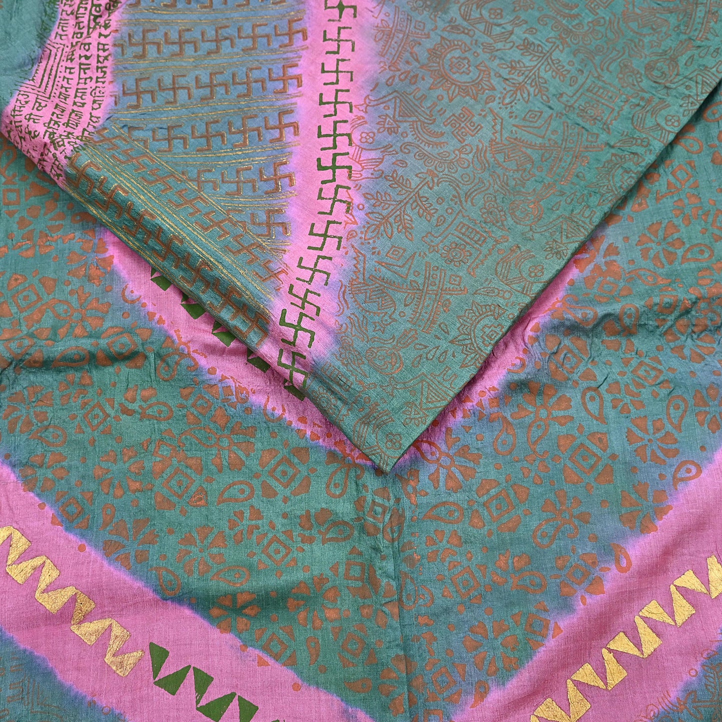 Indian Vintage Sari Pink & green Pure Tussar Silk Hand Woven/Hand Painted Sarees Craft Fabric 6Yd Sewing Ethnic Dress making For Crafting