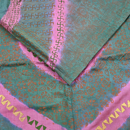 Indian Vintage Sari Pink & green Pure Tussar Silk Hand Woven/Hand Painted Sarees Craft Fabric 6Yd Sewing Ethnic Dress making For Crafting