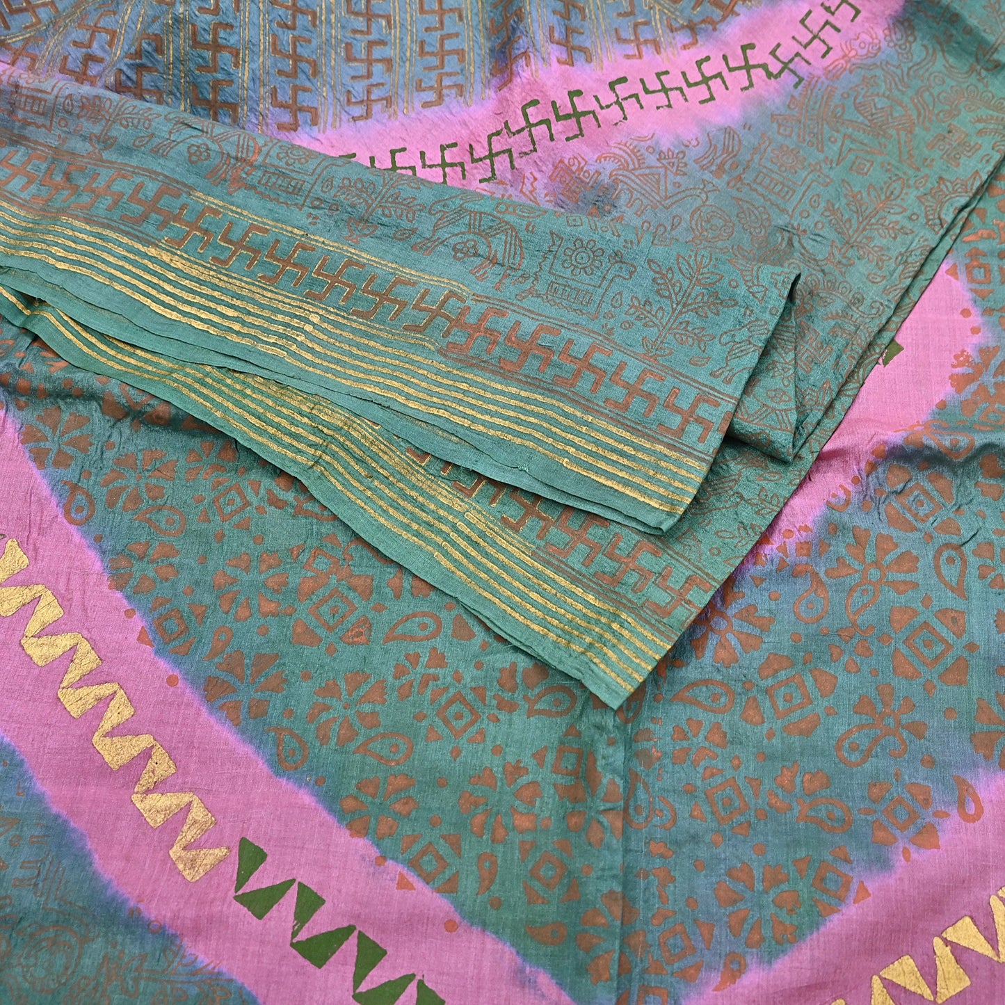 Indian Vintage Sari Pink & green Pure Tussar Silk Hand Woven/Hand Painted Sarees Craft Fabric 6Yd Sewing Ethnic Dress making For Crafting