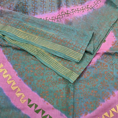 Indian Vintage Sari Pink & green Pure Tussar Silk Hand Woven/Hand Painted Sarees Craft Fabric 6Yd Sewing Ethnic Dress making For Crafting
