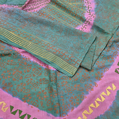 Indian Vintage Sari Pink & green Pure Tussar Silk Hand Woven/Hand Painted Sarees Craft Fabric 6Yd Sewing Ethnic Dress making For Crafting