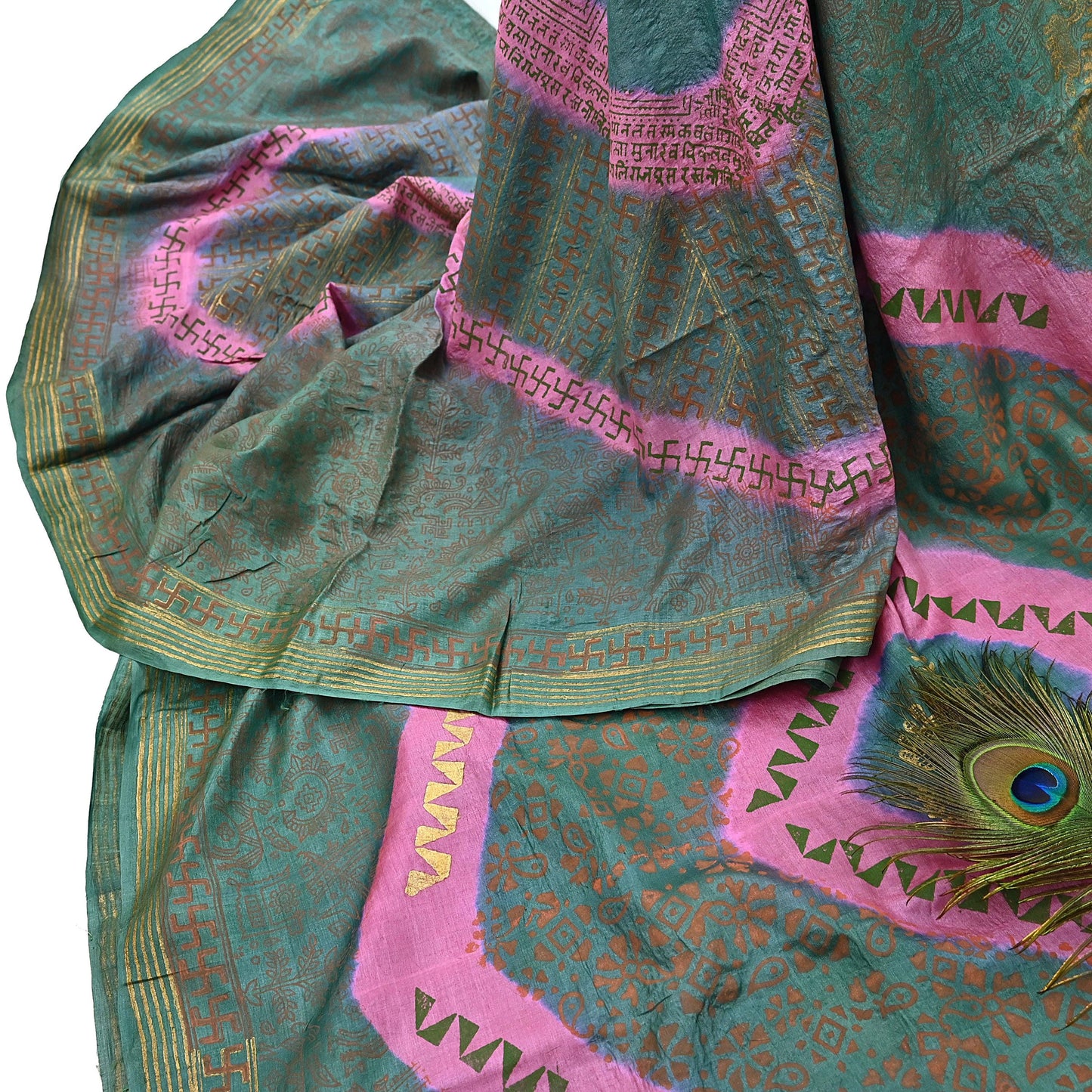 Indian Vintage Sari Pink & green Pure Tussar Silk Hand Woven/Hand Painted Sarees Craft Fabric 6Yd Sewing Ethnic Dress making For Crafting