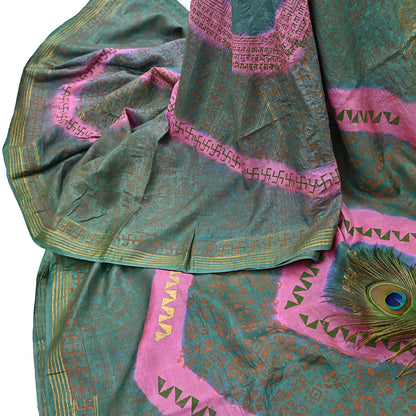 Indian Vintage Sari Pink & green Pure Tussar Silk Hand Woven/Hand Painted Sarees Craft Fabric 6Yd Sewing Ethnic Dress making For Crafting