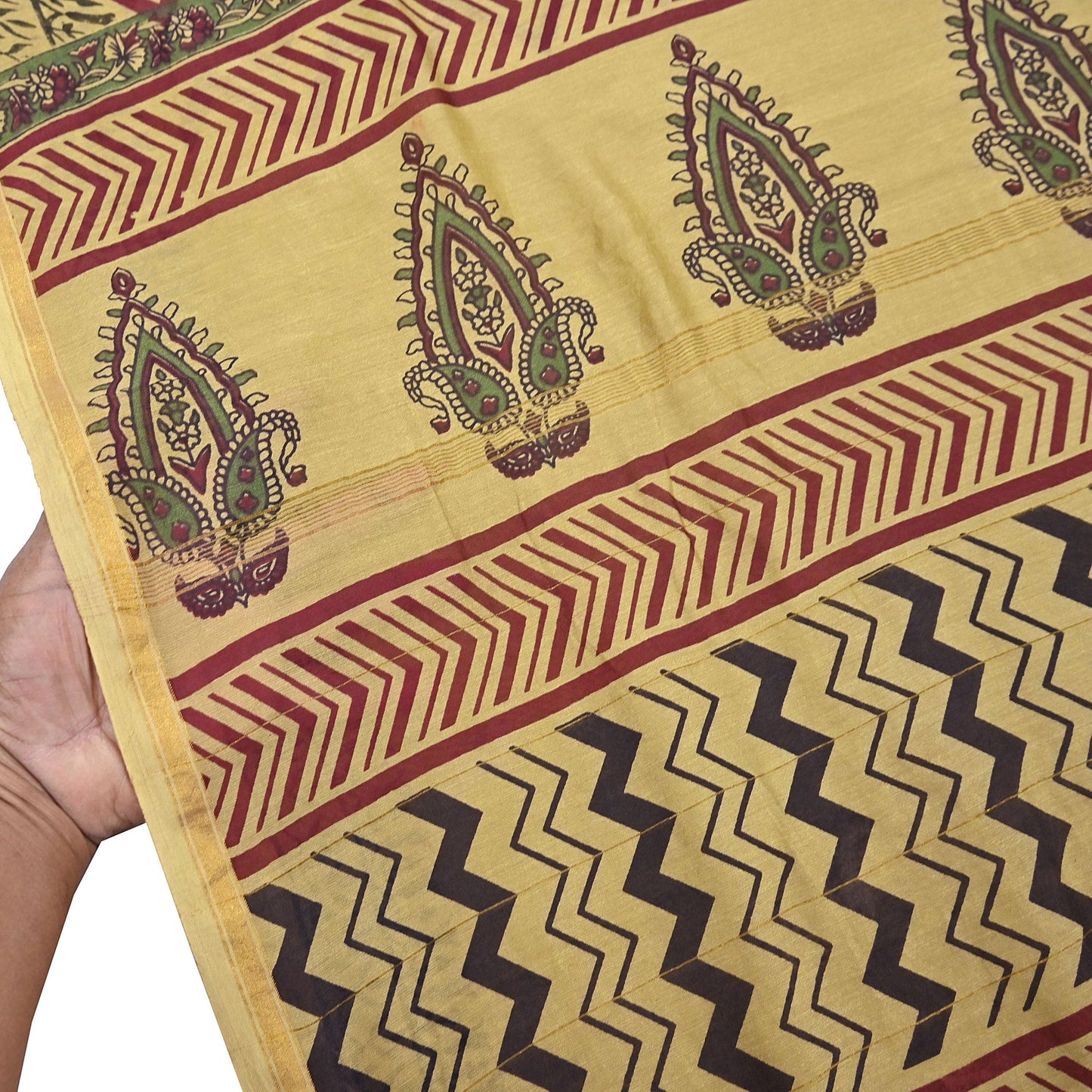 Indian Vintage Saree Beige Bagru Printed Sari Pure Chanderi Silk Sari Fabric 5Yard Zigzag Soft Golden Zari