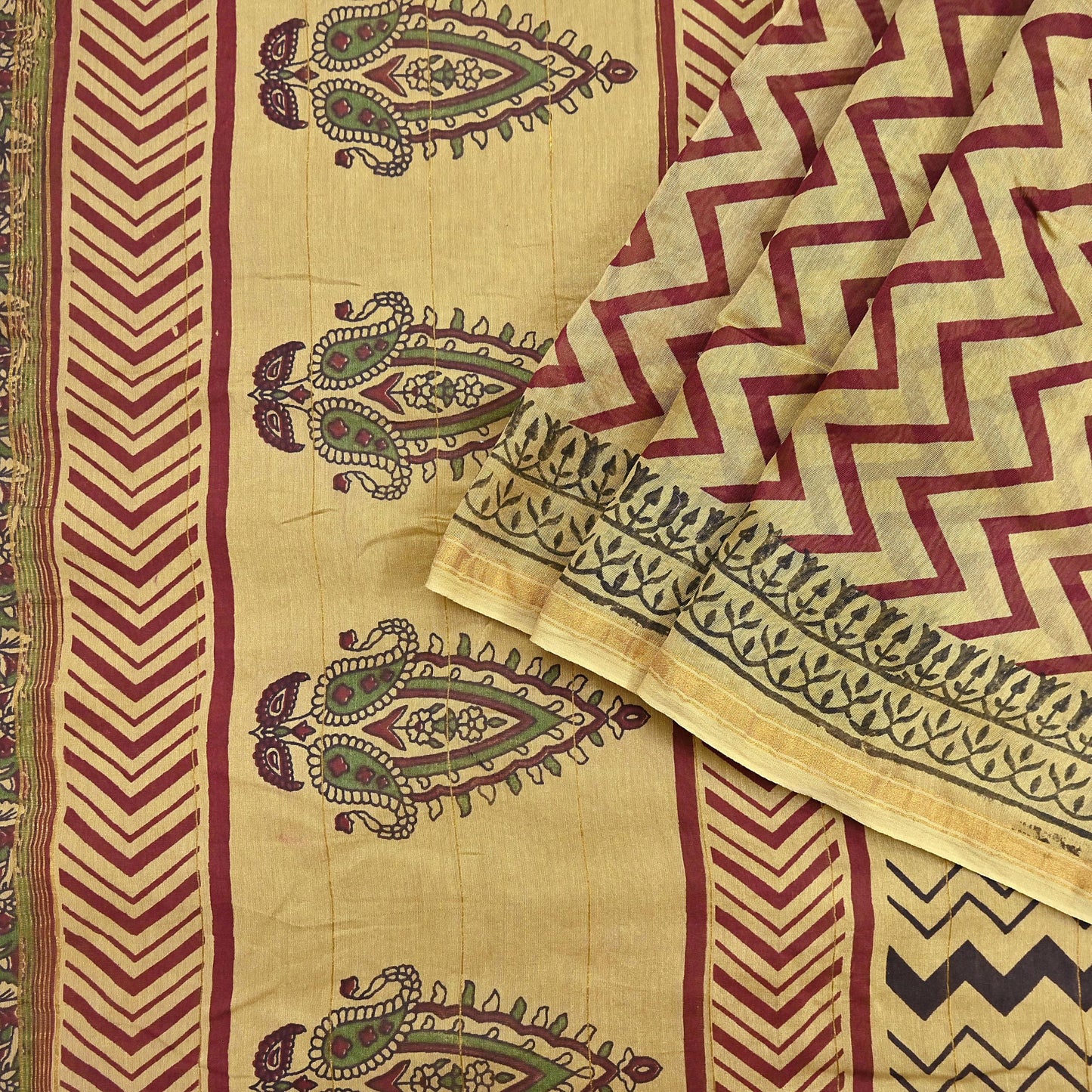 Indian Vintage Saree Beige Bagru Printed Sari Pure Chanderi Silk Sari Fabric 5Yard Zigzag Soft Golden Zari