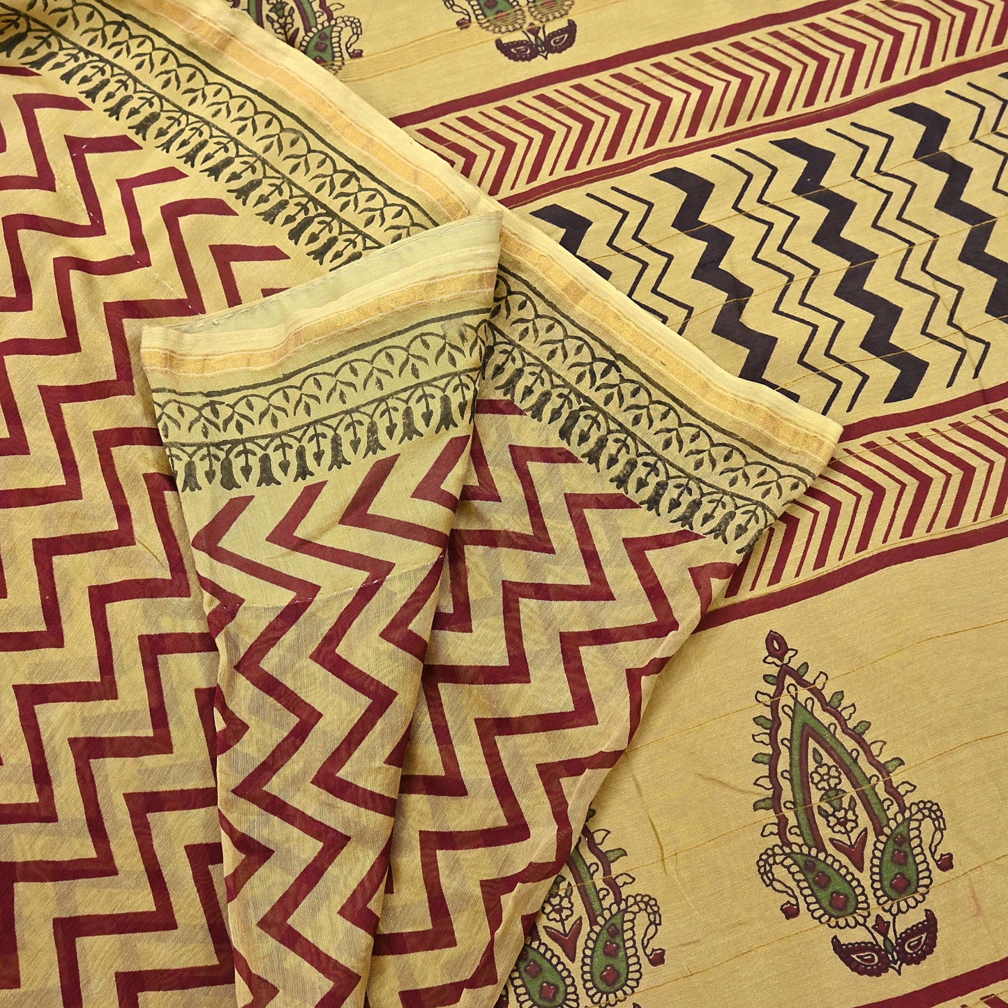 Indian Vintage Saree Beige Bagru Printed Sari Pure Chanderi Silk Sari Fabric 5Yard Zigzag Soft Golden Zari