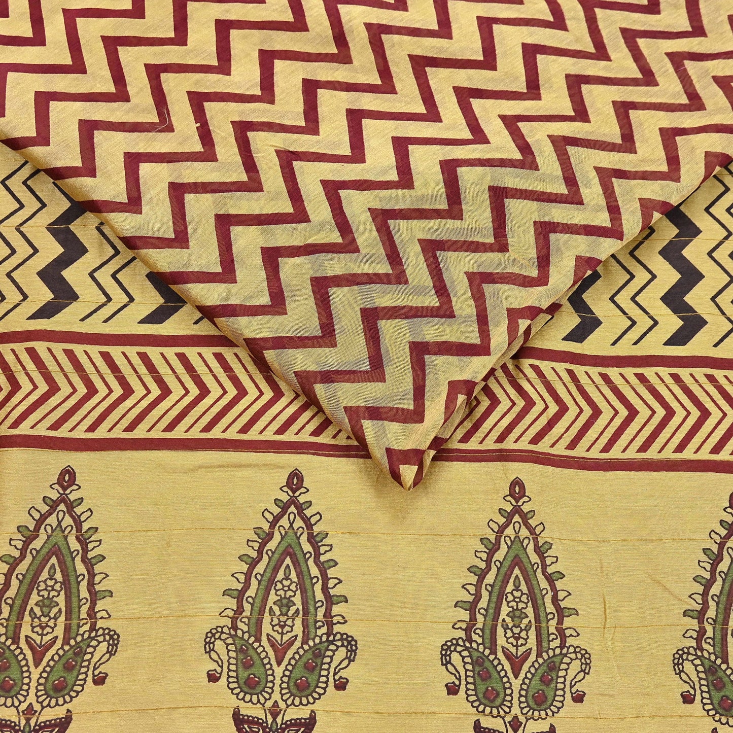 Indian Vintage Saree Beige Bagru Printed Sari Pure Chanderi Silk Sari Fabric 5Yard Zigzag Soft Golden Zari