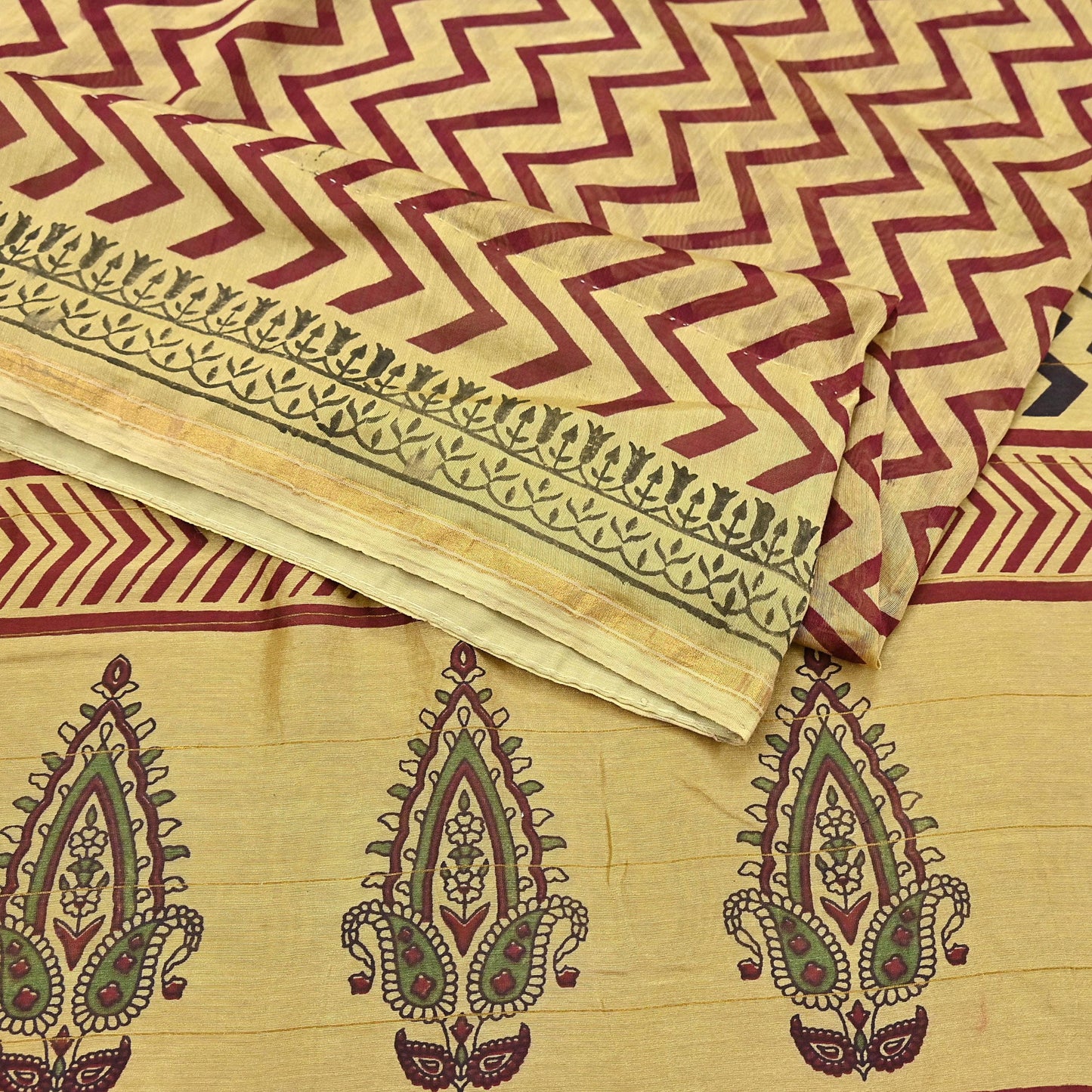 Indian Vintage Saree Beige Bagru Printed Sari Pure Chanderi Silk Sari Fabric 5Yard Zigzag Soft Golden Zari