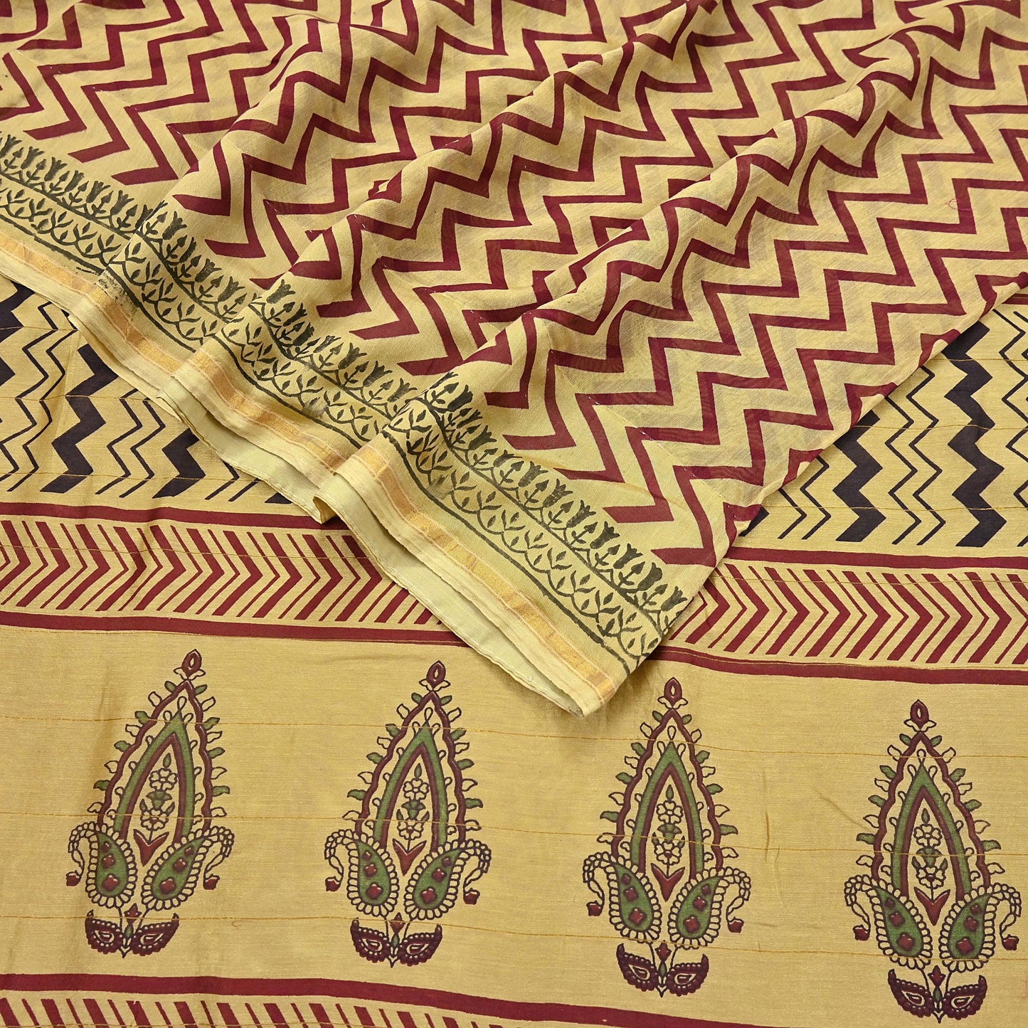 Indian Vintage Saree Beige Bagru Printed Sari Pure Chanderi Silk Sari Fabric 5Yard Zigzag Soft Golden Zari