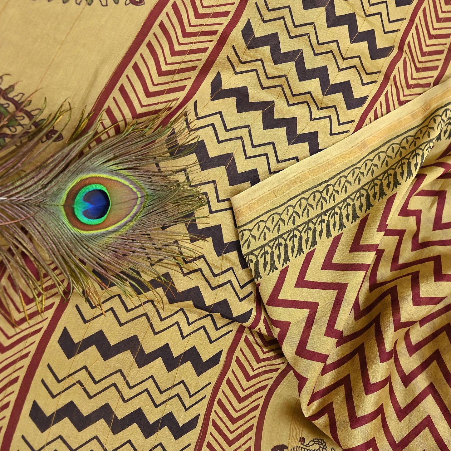 Indian Vintage Saree Beige Bagru Printed Sari Pure Chanderi Silk Sari Fabric 5Yard Zigzag Soft Golden Zari