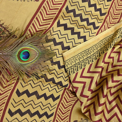 Indian Vintage Saree Beige Bagru Printed Sari Pure Chanderi Silk Sari Fabric 5Yard Zigzag Soft Golden Zari