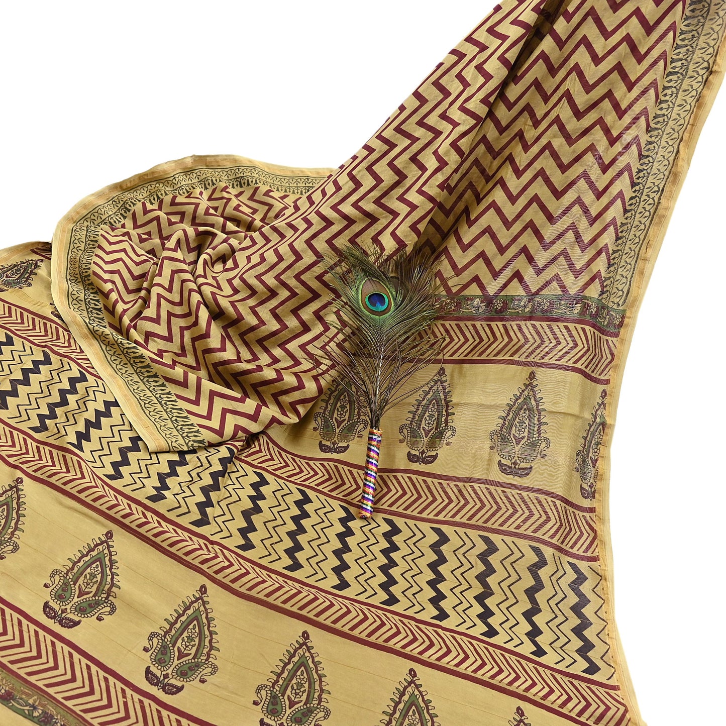 Indian Vintage Saree Beige Bagru Printed Sari Pure Chanderi Silk Sari Fabric 5Yard Zigzag Soft Golden Zari