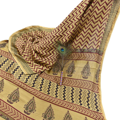 Indian Vintage Saree Beige Bagru Printed Sari Pure Chanderi Silk Sari Fabric 5Yard Zigzag Soft Golden Zari