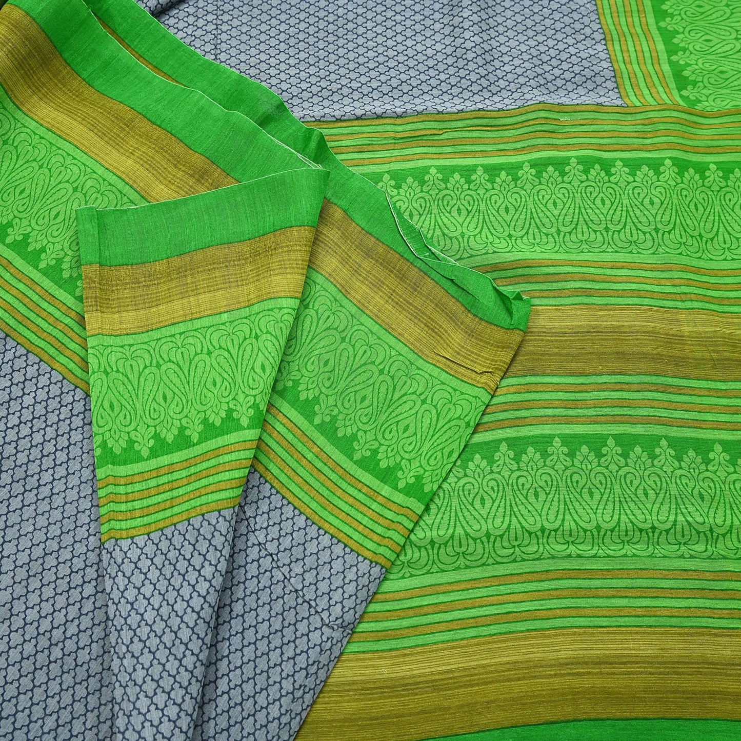 Indian Vintage Saree Gray & green Bagru Printed Sari Pure Chanderi Silk Sari Fabric 5Yard Zigzag Soft Golden Zari