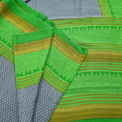 Indian Vintage Saree Gray & green Bagru Printed Sari Pure Chanderi Silk Sari Fabric 5Yard Zigzag Soft Golden Zari