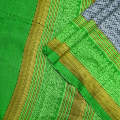 Indian Vintage Saree Gray & green Bagru Printed Sari Pure Chanderi Silk Sari Fabric 5Yard Zigzag Soft Golden Zari
