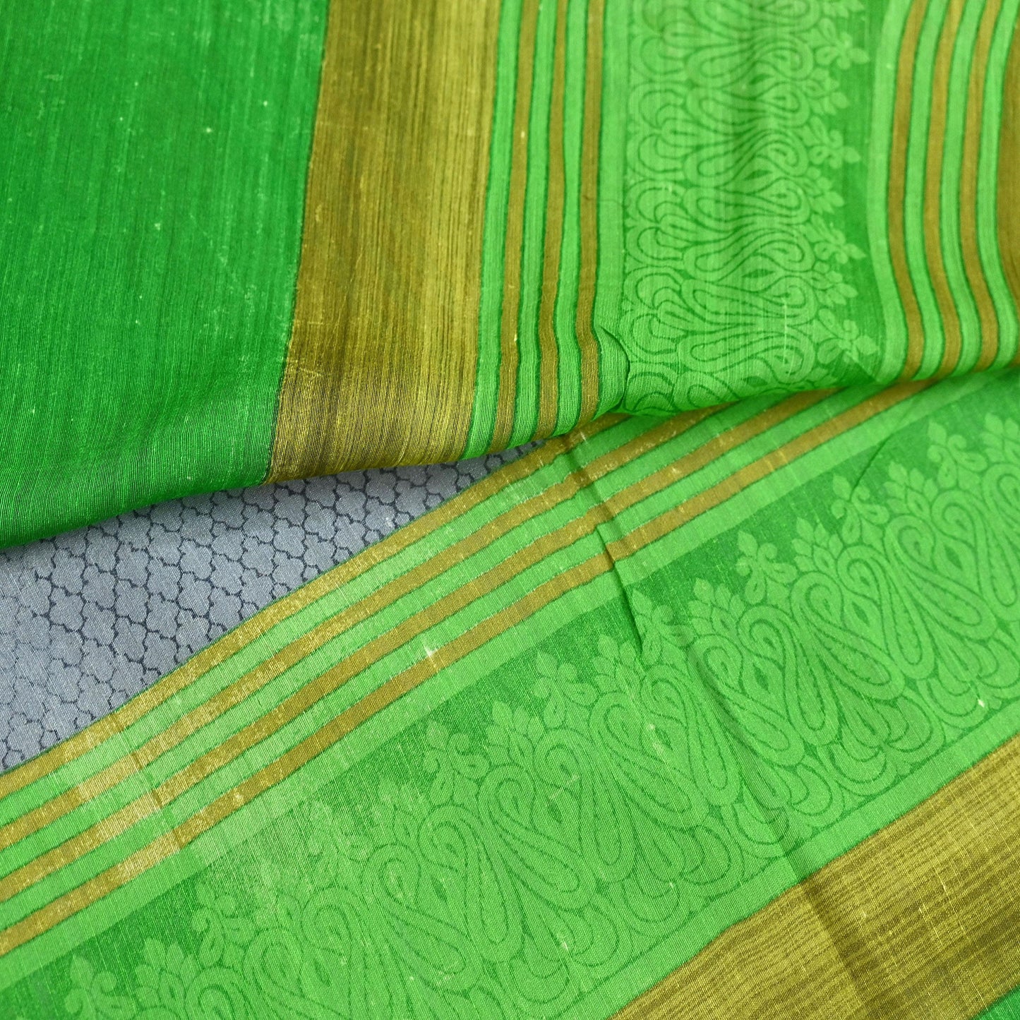 Indian Vintage Saree Gray & green Bagru Printed Sari Pure Chanderi Silk Sari Fabric 5Yard Zigzag Soft Golden Zari