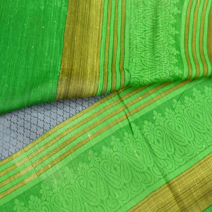 Indian Vintage Saree Gray & green Bagru Printed Sari Pure Chanderi Silk Sari Fabric 5Yard Zigzag Soft Golden Zari