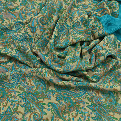 Indian Vintage Sari Beige & Blue Pure Crepe Silk Printed Saree 6yard Sewing Quilting Floral Soft Craft Fabric Wrap